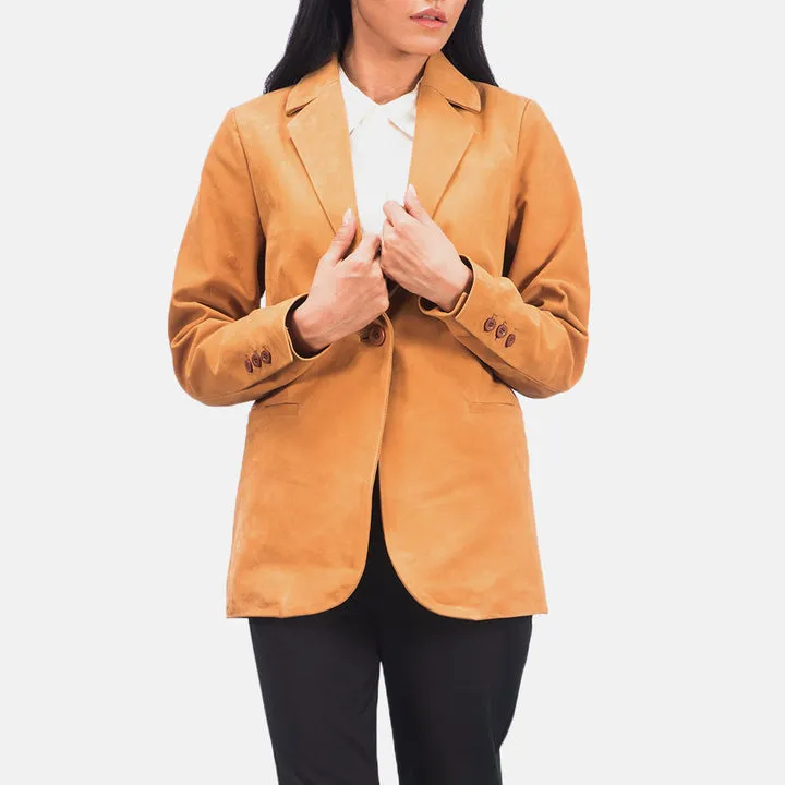“Norma Brown Nubuck Blazer with premium brown nubuck leather, structured fit, notch lapels, button-front closure, and functional pockets for elegant style.