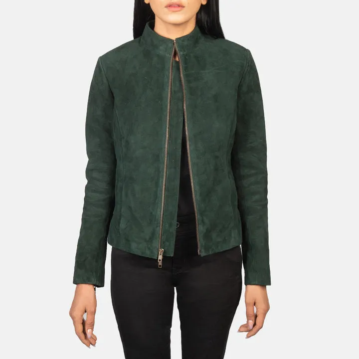 Rumella Green Suede Biker Jacket with premium green suede, asymmetric zip closure, zippered cuffs, adjustable waist, and multiple functional pockets.