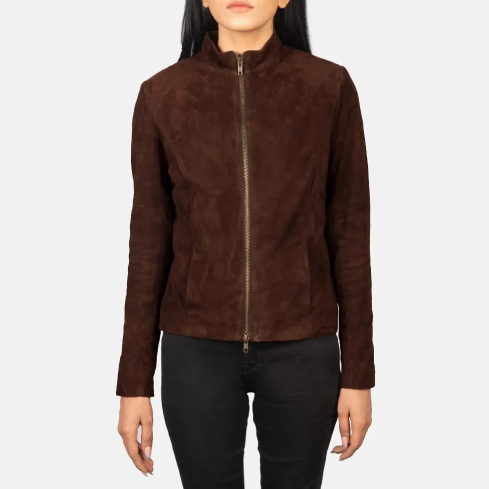 Rumella Mocha Suede Biker Jacket – front view showing soft mocha suede, asymmetrical zipper and biker silhouette