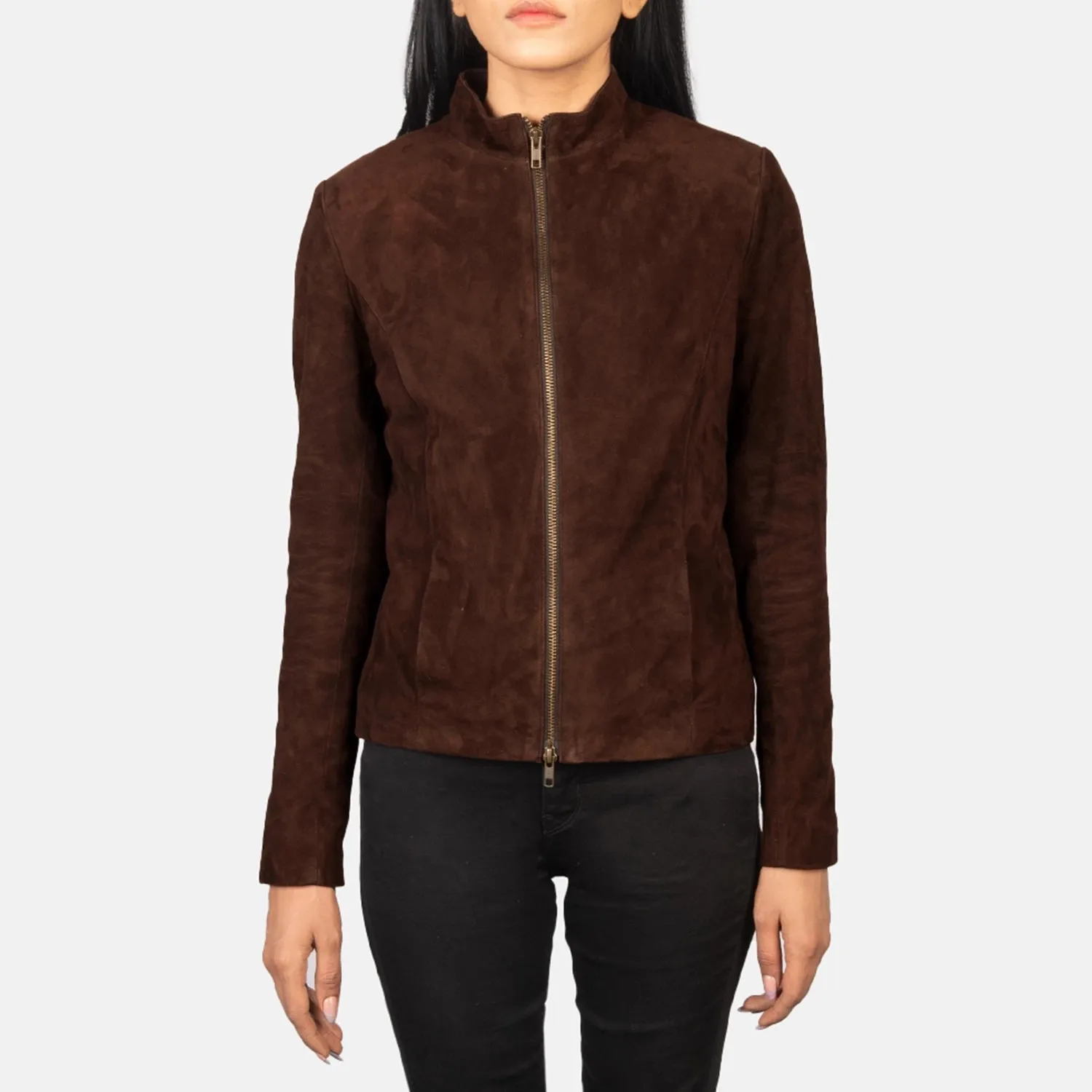 Rumella Mocha Suede Biker Jacket – front view showing soft mocha suede, asymmetrical zipper and biker silhouette
