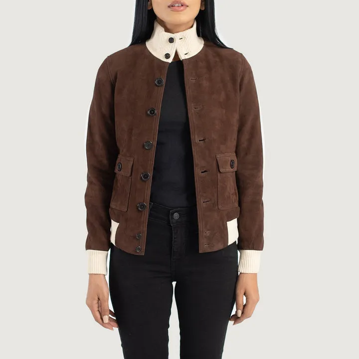 Sasha A1 Mocha Suede Bomber Jacket – front view showing soft mocha suede, classic A-1 bomber silhouette and ribbed cuffs