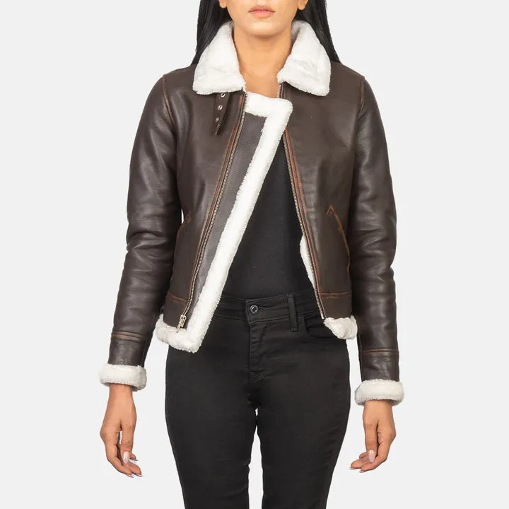 Sherilyn B-3 Brown Leather Bomber Jacket – front view showing rich brown leather, plush shearling collar and classic bomber silhouette