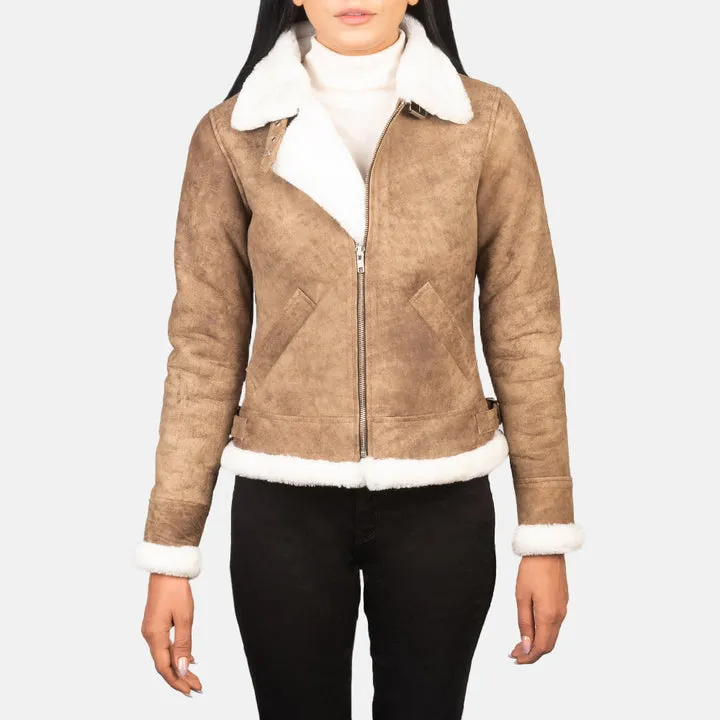 Sherilyn B-3 Distressed Brown Leather Bomber Jacket – front view showing distressed brown leather, shearling collar and classic bomber silhouette