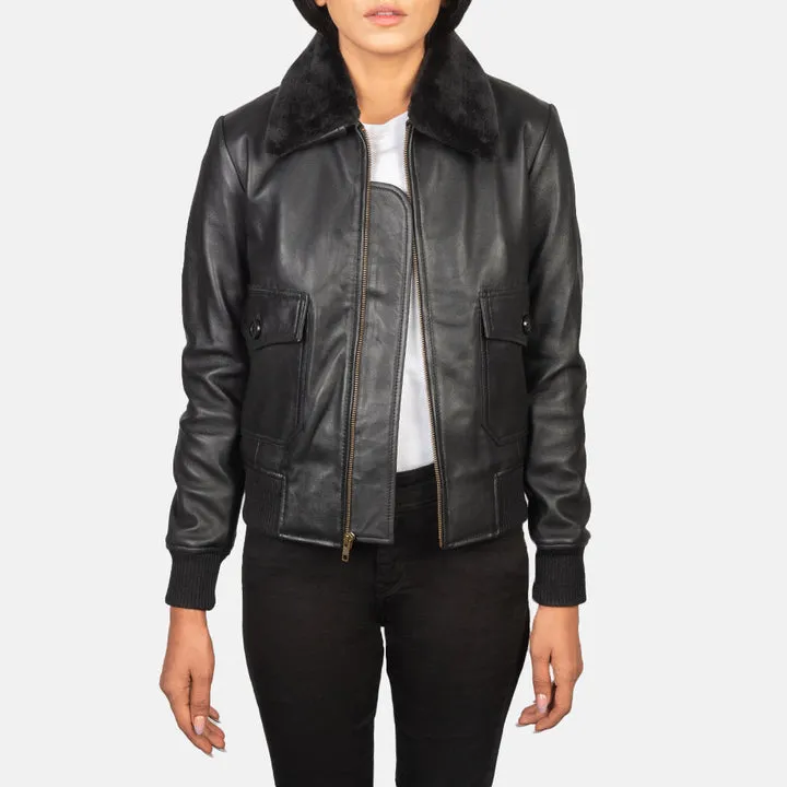 Stella G-1 Black Leather Bomber Jacket – front view showing genuine black leather, mouton fur collar and classic naval bomber silhouette