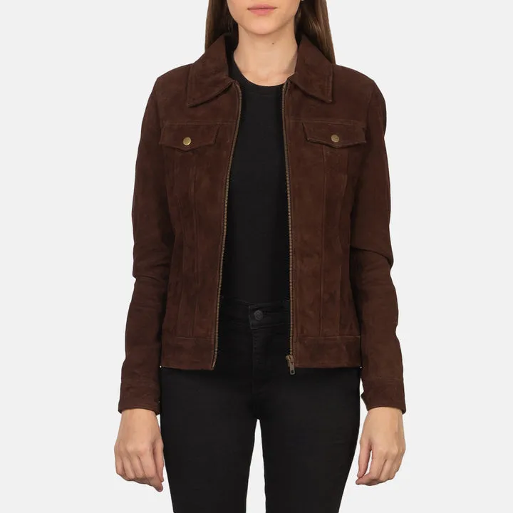 “Suzy Mocha Suede Trucker Jacket with premium mocha suede, button-front closure, chest flap pockets, and ribbed cuffs for casual style.”