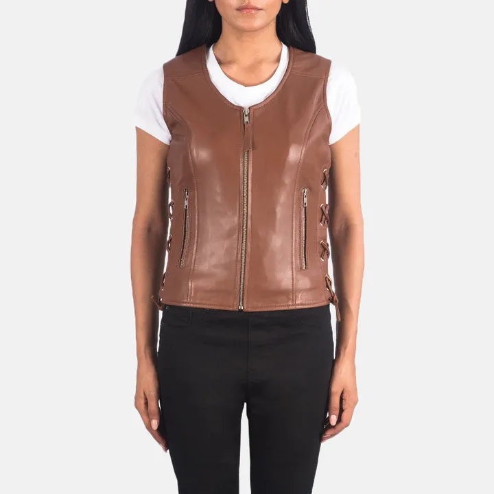 “Vanda Brown Leather Biker Vest with premium brown leather, zip-front closure, snap collar, adjustable side straps, and multiple functional pockets.”