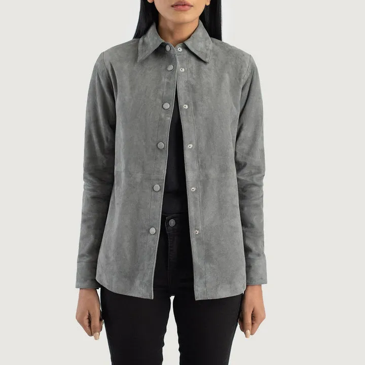 Zenith Grey Suede Leather Shirt Jacket – front view showing shirt-style collar, button front and soft grey suede texture