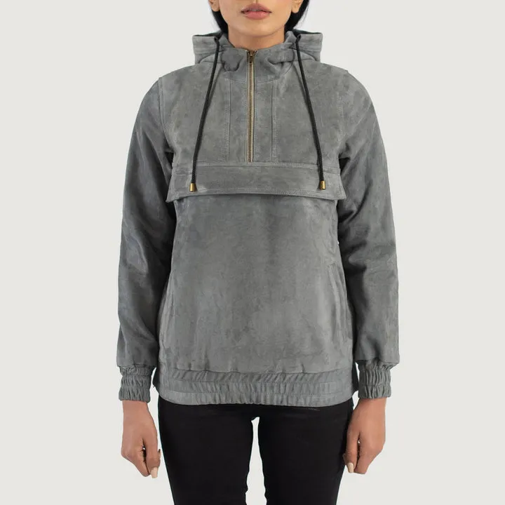 Zest Grey Hooded Suede Pullover Jacket – front view showing soft grey suede, relaxed fit and drawstring hood