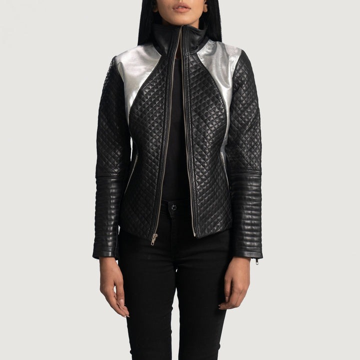 Alia Metallic Black Leather Biker Jacket front view high neck