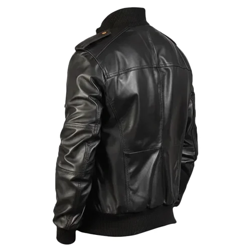 Agent Shadow Black Leather Bomber Jacket