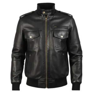Agent Shadow Black Leather Bomber Jacket