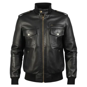 Agent Shadow Black Leather Bomber Jacket