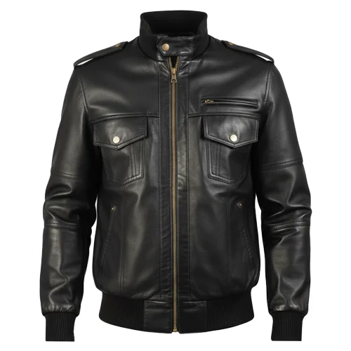 Agent Shadow Black Leather Bomber Jacket