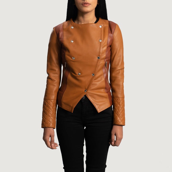 County Tan Overlap Leather Jacket front view button closure