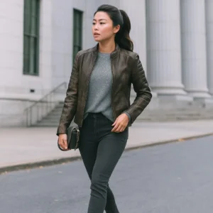 Adalyn Quilted Distressed Brown Leather Biker Jacket