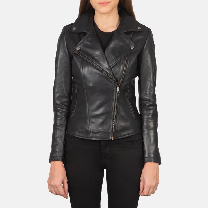 Flashback Black Leather Biker Jacket for men – front view showing genuine black leather, asymmetrical zipper and ribbed cuffs