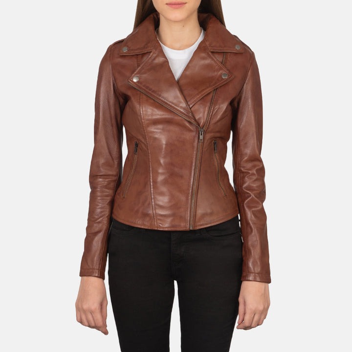 Flashback Brown Leather Biker Jacket for men – front view showing genuine brown leather, asymmetrical zipper and ribbed cuffs