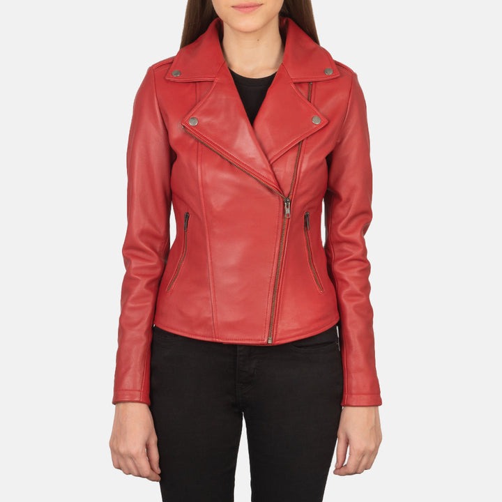 Flashback Red Leather Biker Jacket for men – front view showing genuine red leather, asymmetrical zipper and ribbed cuffs