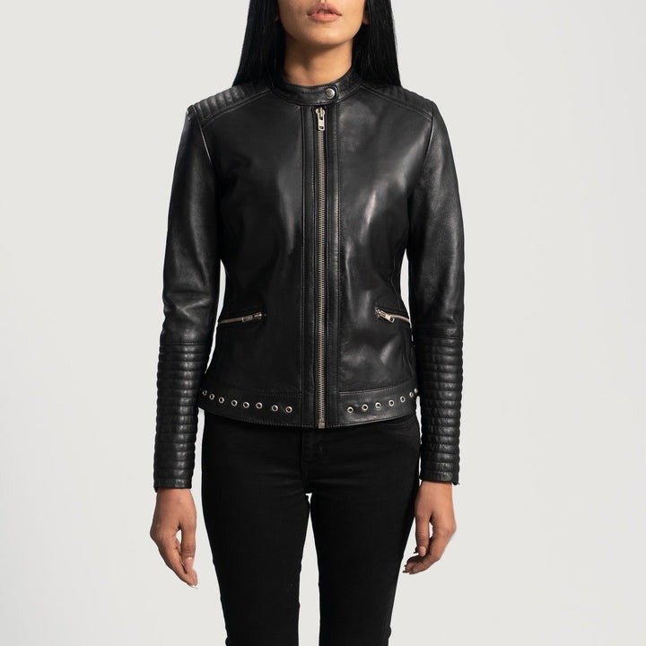 Haley Ray Black Leather Biker Jacket – front view showing genuine black leather, asymmetrical zipper and ribbed cuffs