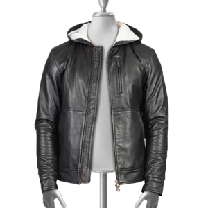 Baston Black Hooded Leather Bomber Jacket