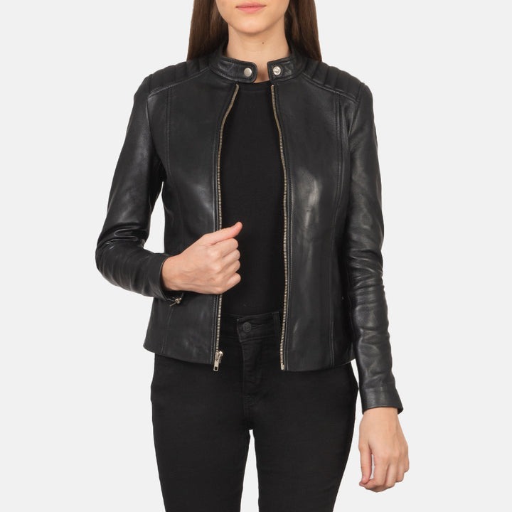 Kelsee Black Leather Biker Jacket front view quilted shoulders