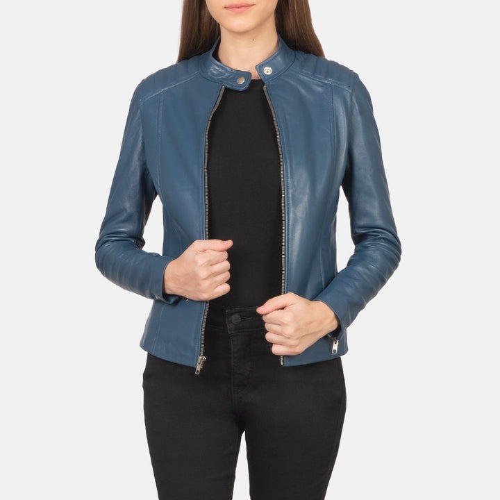 Kelsee Blue Leather Biker Jacket front view