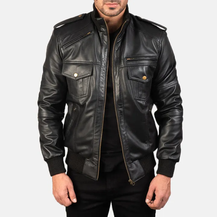Premium Black Leather Bomber Jacket by Agent Shadow – front view showing vintage black genuine leather and ribbed cuffs