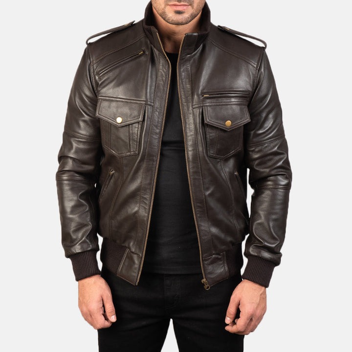 Premium Brown Leather Bomber Jacket by Agent Shadow – front view showing vintage brown genuine leather and ribbed cuffs