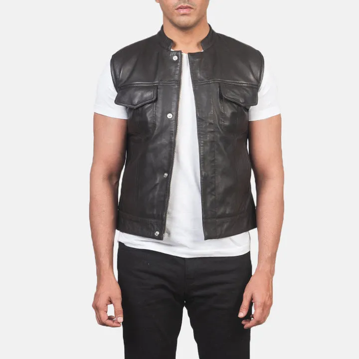 “Atlas Moto Black Leather Vest with rugged premium black leather and biker styling”