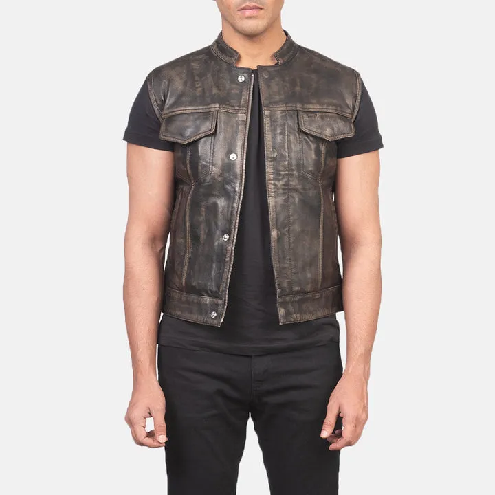 “Atlas Moto Distressed Brown Leather Vest with rugged vintage brown leather and biker design”