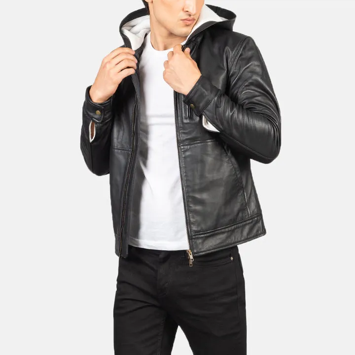 “Baston Black Hooded Leather Bomber Jacket with premium leather and modern hooded design”