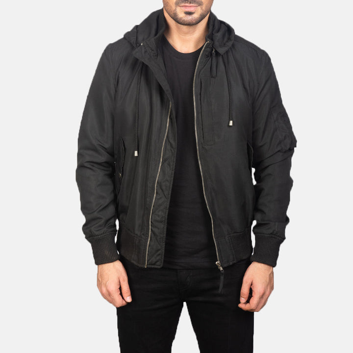 “Hanklin MA-1 Black Hooded Bomber Jacket with modern hood and classic military-inspired bomber design”