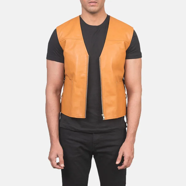 “Brandon Tan Brown Leather Vest in premium tan brown leather with classic sleeveless design”
