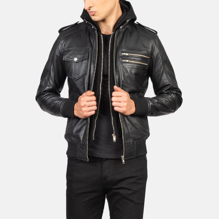 Men's black hooded leather bomber jacket by Bravado – front view