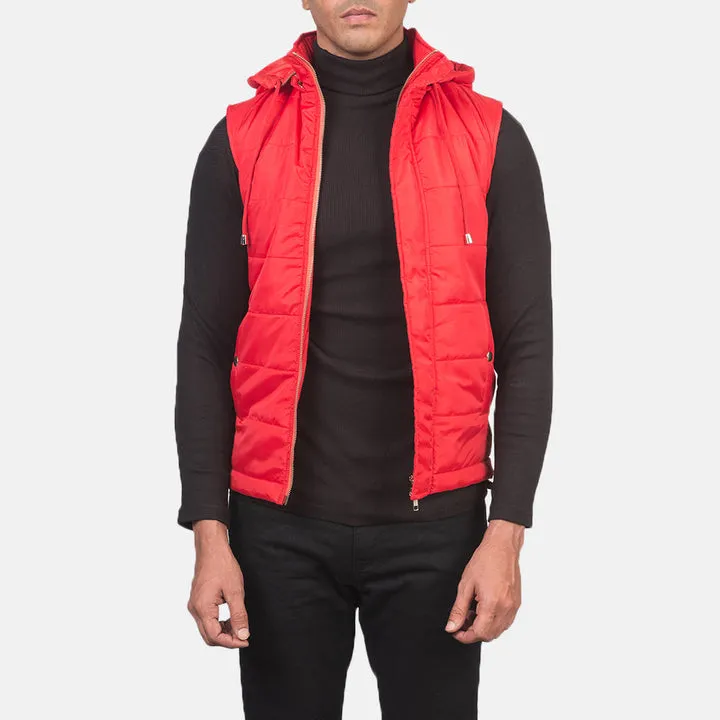 “Fuston Red Hooded Puffer Vest with insulated puffer design and bold red finish”