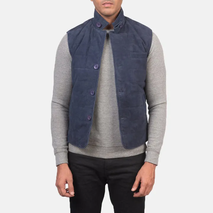 “Tony Blue Suede Vest made from premium blue suede with a refined sleeveless design”
