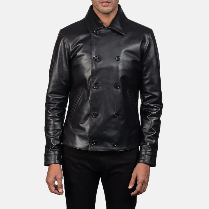 Mod Black Leather Peacoat – front view showing double-breasted closure, genuine black leather and structured naval silhouette