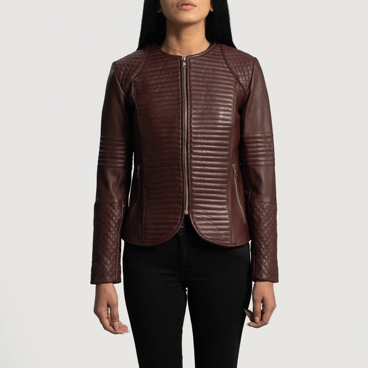 Nexi Quilted Maroon Leather Jacket – front view showing rich maroon quilted genuine leather and tailored fit
