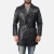 Jordan Black Leather Coat – front view showing genuine black leather, long tailored silhouette and structured shoulders