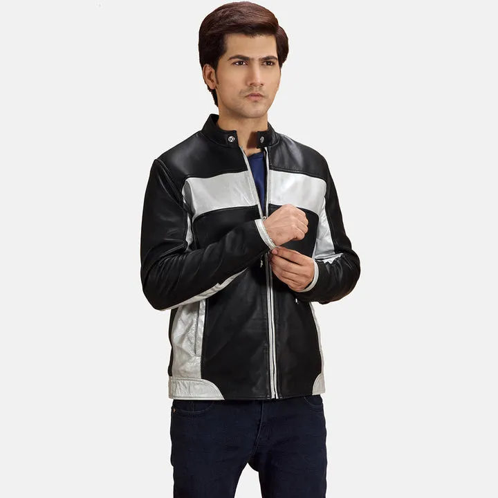 “Randolf Silver Black Leather Biker Jacket with metallic silver detailing and premium leather construction”