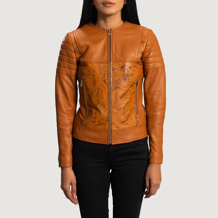 Sandy Tan Dye Leather Biker Jacket front view