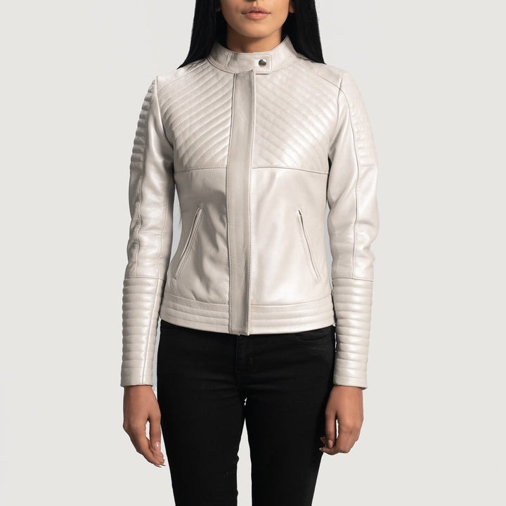 Ice Maiden Silver Quilted Leather Biker Jacket for women – front view showing shiny silver quilted leather and asymmetrical zipper