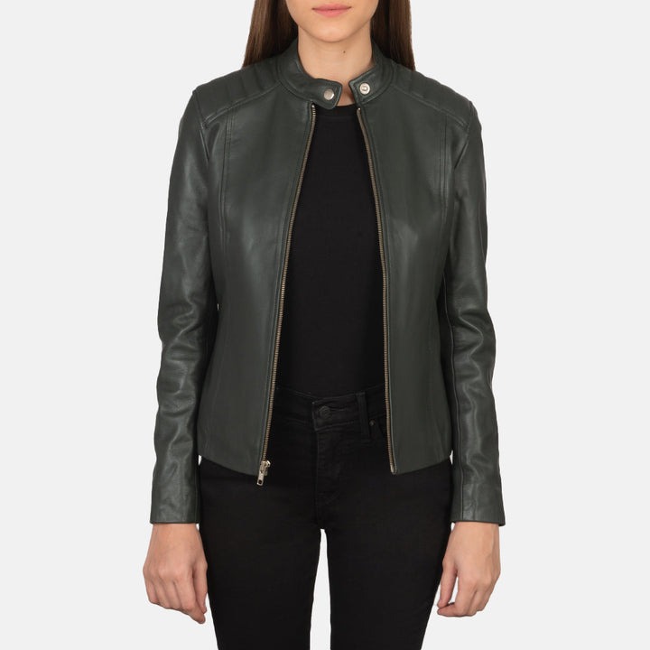 Kelsee Green Leather Biker Jacket front view