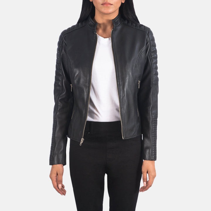 Adalyn Quilted Black Leather Biker Jacket front view
