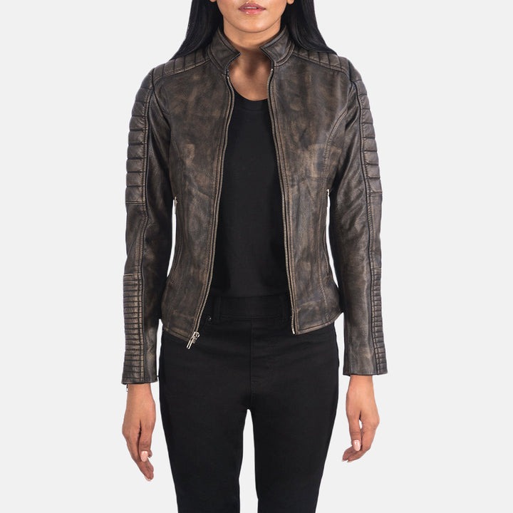 Adalyn Quilted Distressed Brown Leather Biker Jacket vintage view