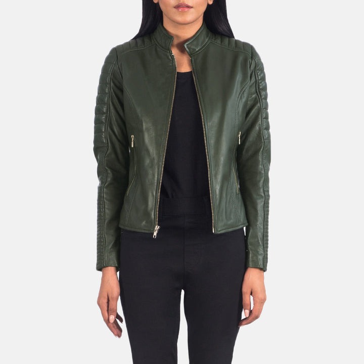 Adalyn Quilted Green Leather Biker Jacket front view