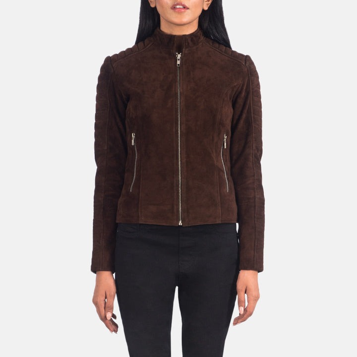 Adalyn Quilted Mocha Suede Biker Jacket front view mocha brown