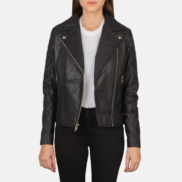 Carolyn Quilted Black Biker Jacket – front view showing diamond-quilted genuine leather and asymmetrical zipper