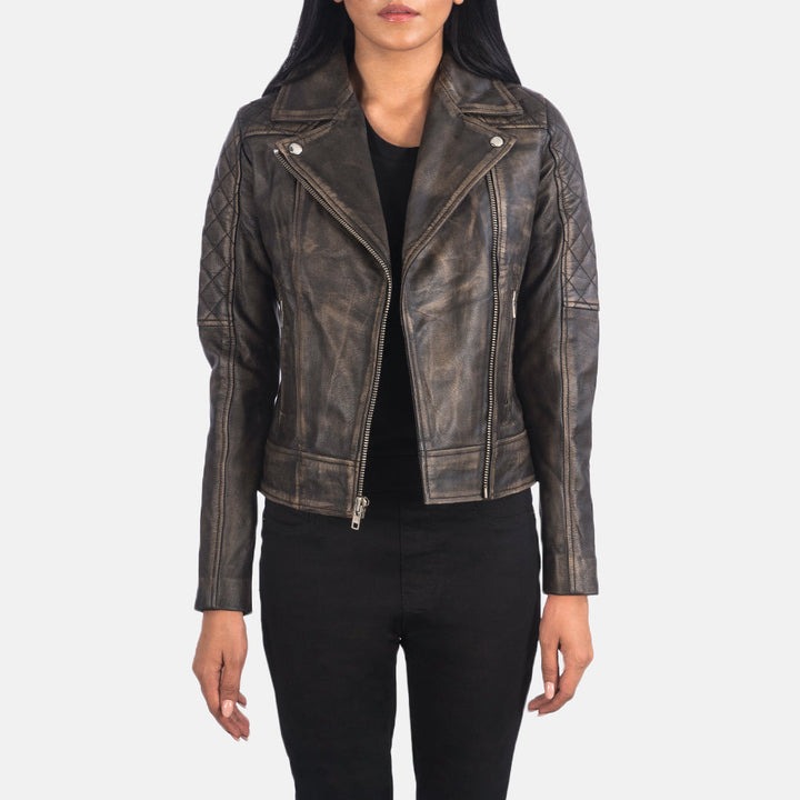 Carolyn Quilted Distressed Brown Biker Jacket – front view showing vintage distressed brown quilted leather and asymmetrical zipper