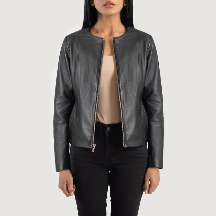 Elixir Black Collarless Leather Jacket – front view showing sleek collarless neckline, smooth genuine black leather and clean front zip